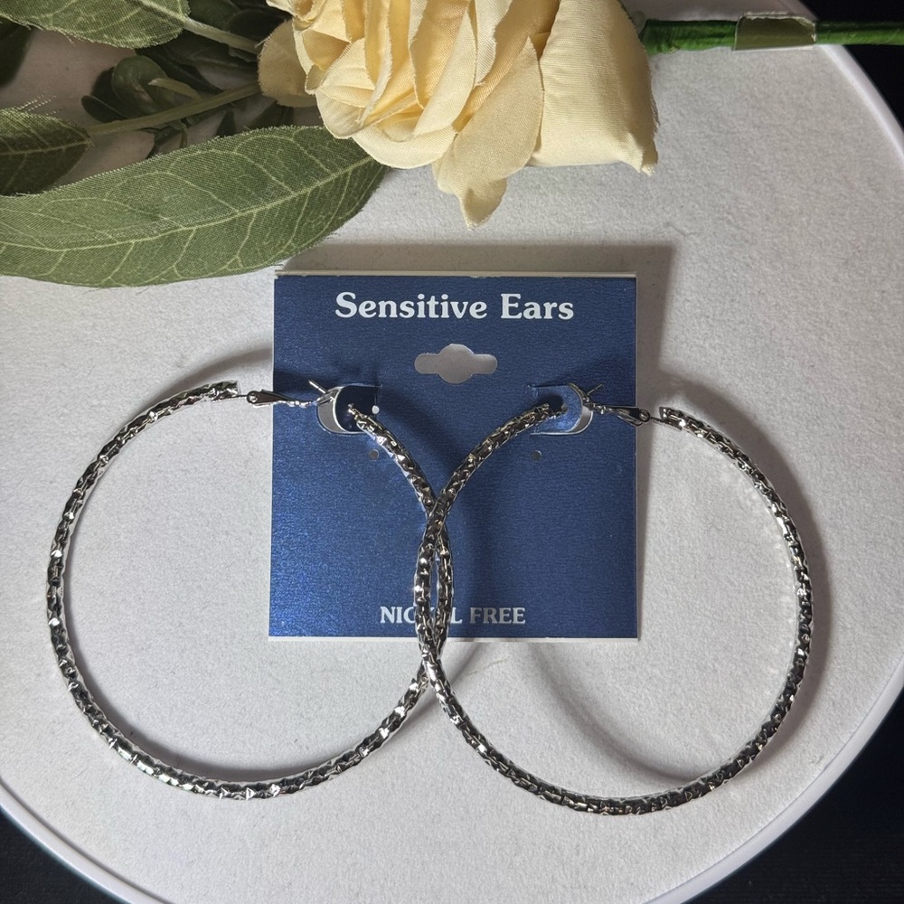 Sensitive Ears Silver Tone Textured 3 inch Hoop Earrings